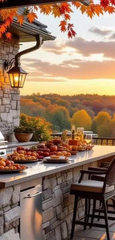 Autumn patio with stone grill and sunset view