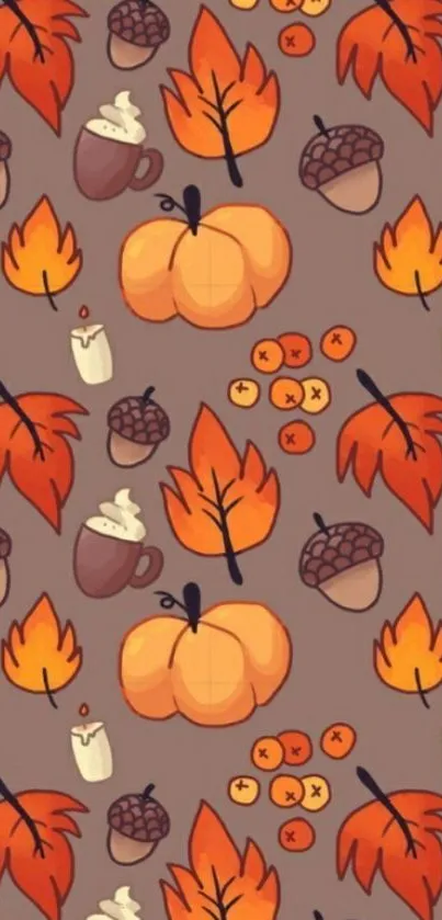 Warm autumn-themed pattern with pumpkins, leaves, and acorns.