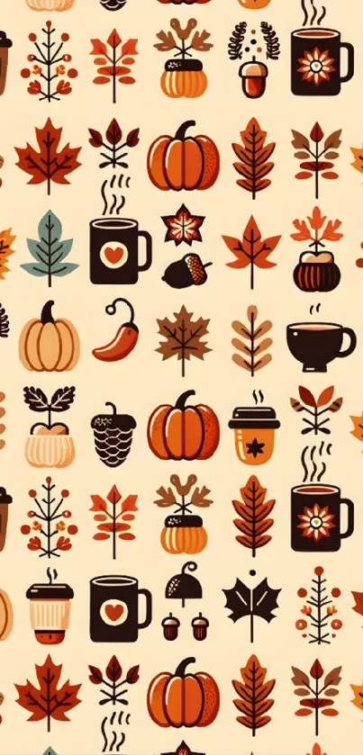 Autumn themed wallpaper with pumpkins, leaves, and coffee cups on a beige background.