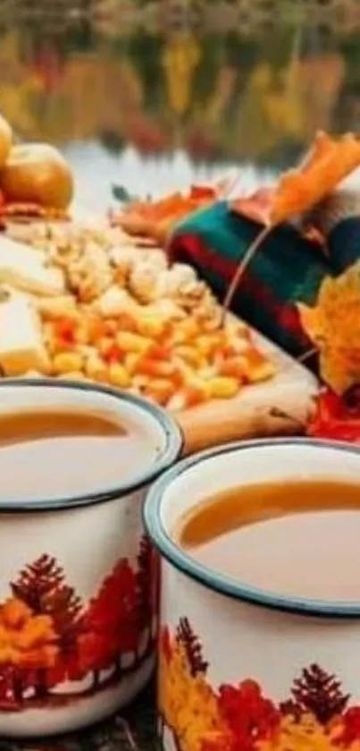 Autumn picnic scene with mugs and leaves by the lake.