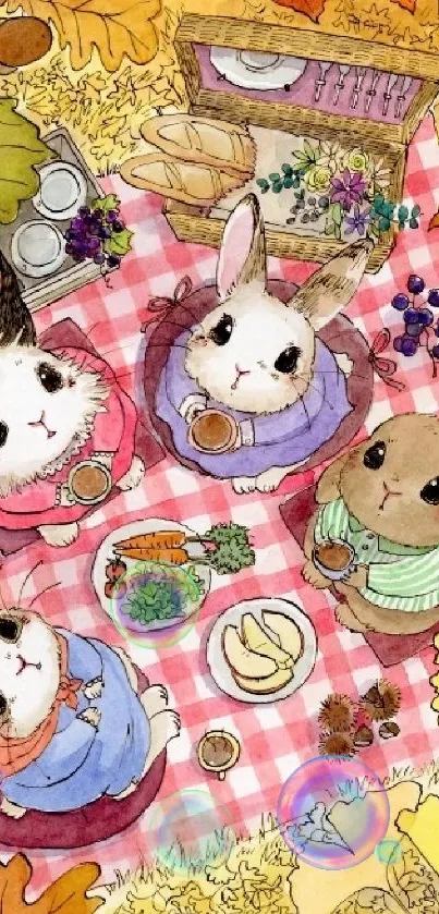 Cute bunnies enjoying a picnic amidst colorful autumn leaves.