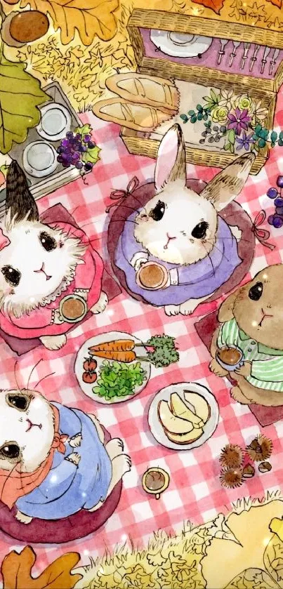 Cute bunnies having an autumn picnic on a pink checkered blanket.