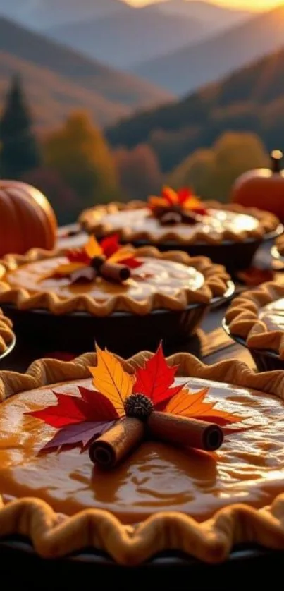 Pumpkin pies with autumn leaves and a sunset backdrop.