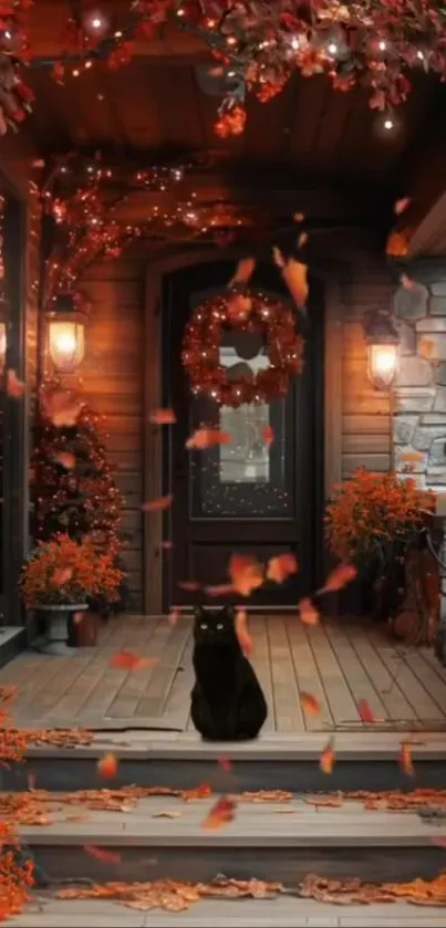 Autumn porch with black cat and orange leaves.