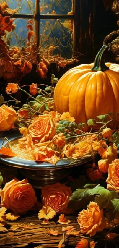 Autumn pumpkin and roses with foliage in vibrant colors.