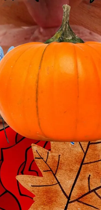 Orange pumpkin with blue flowers and fall leaf on a vibrant wallpaper.