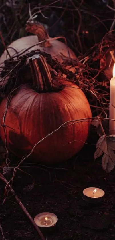 Pumpkin and candle scene with rustic autumn ambiance.