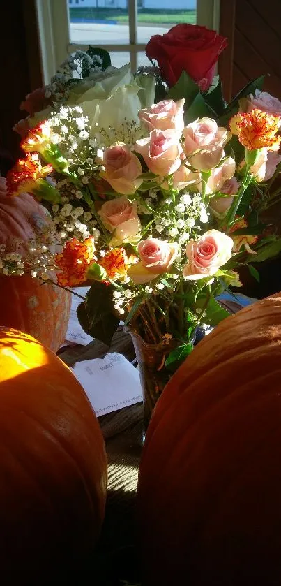 Autumn pumpkins and floral arrangement in warm sunlight.