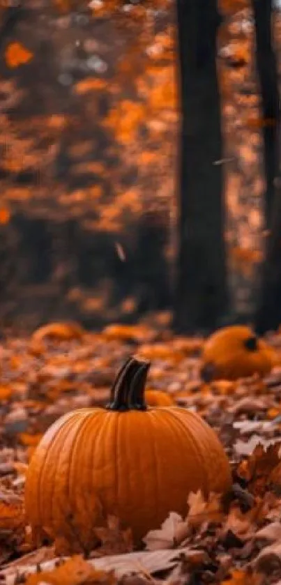 Autumn forest scene with pumpkins and falling leaves.