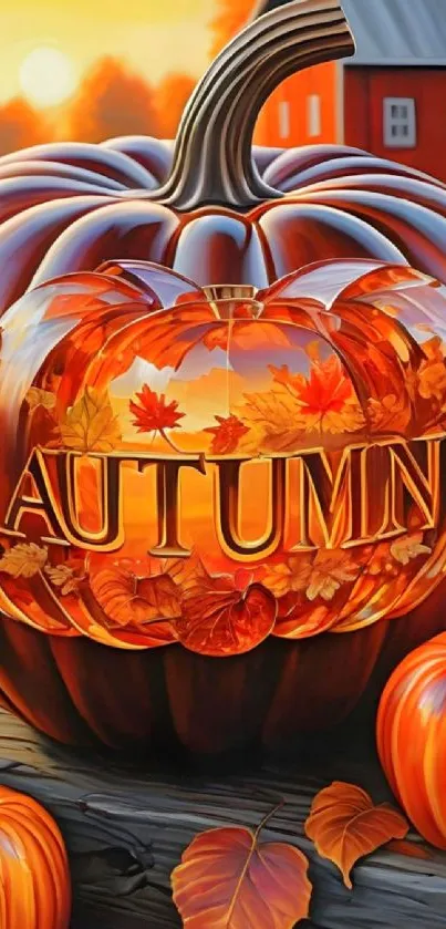Autumn-themed pumpkin with falling leaves art.