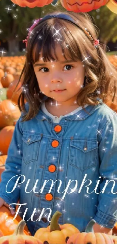 Child smiling in pumpkin patch with denim jacket.