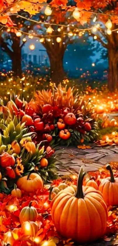 Autumn pathway adorned with pumpkins and fairy lights.