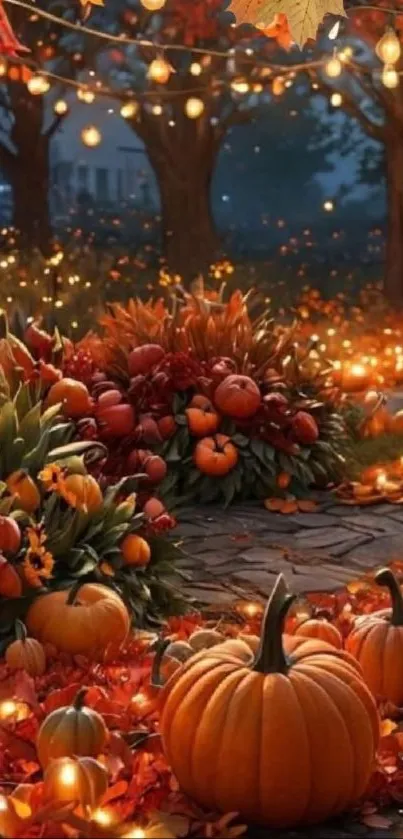 Autumn scene with pumpkins and glowing lights.