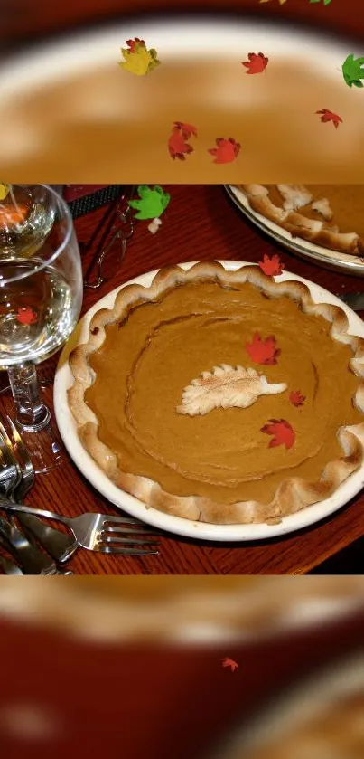 Pumpkin pie with autumn leaves and table setting wallpaper.