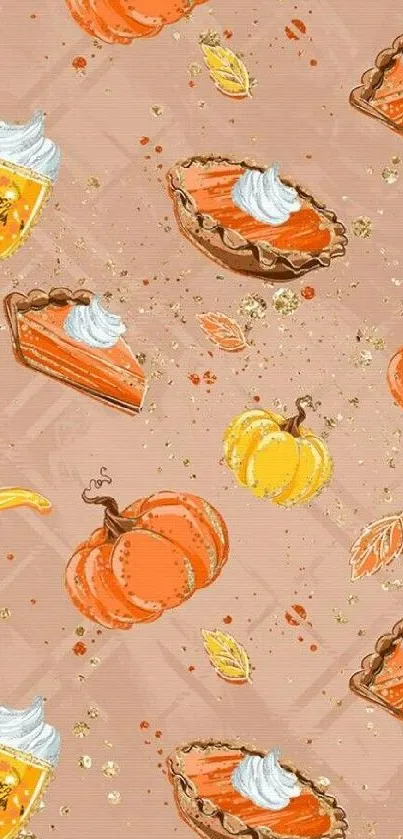 Autumn-themed mobile wallpaper with pumpkins and pie.