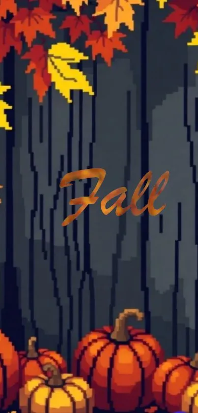 Pixel art of fall pumpkins and leaves on a mobile wallpaper.