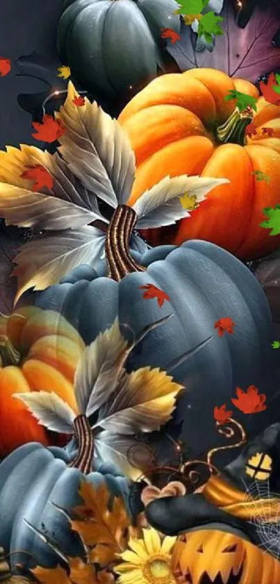 Festive autumn wallpaper with pumpkins and leaves in orange and grey hues.