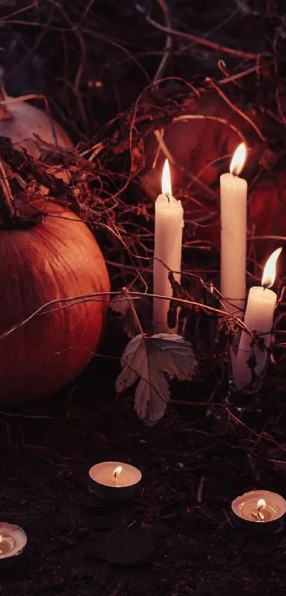 Cozy mobile wallpaper with pumpkins and glowing candles in autumn ambiance.