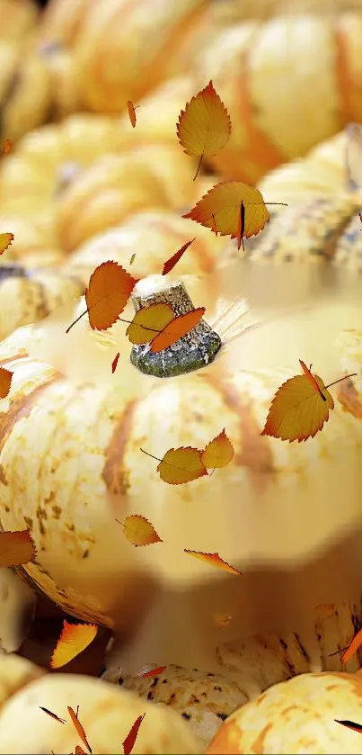 Autumn pumpkins with floating leaves create a seasonal mobile wallpaper.