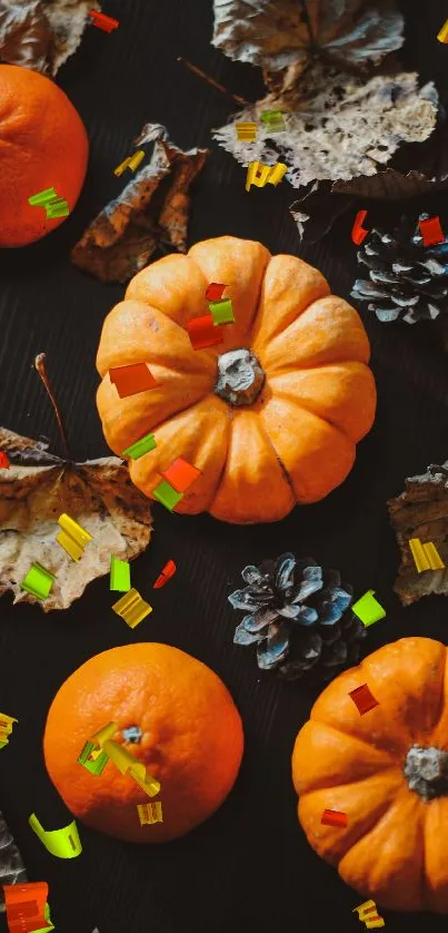 Orange pumpkins and dried leaves on dark background wallpaper.