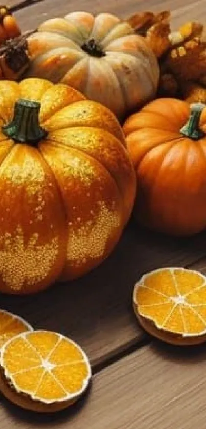 Autumn pumpkins and oranges on a wooden table.