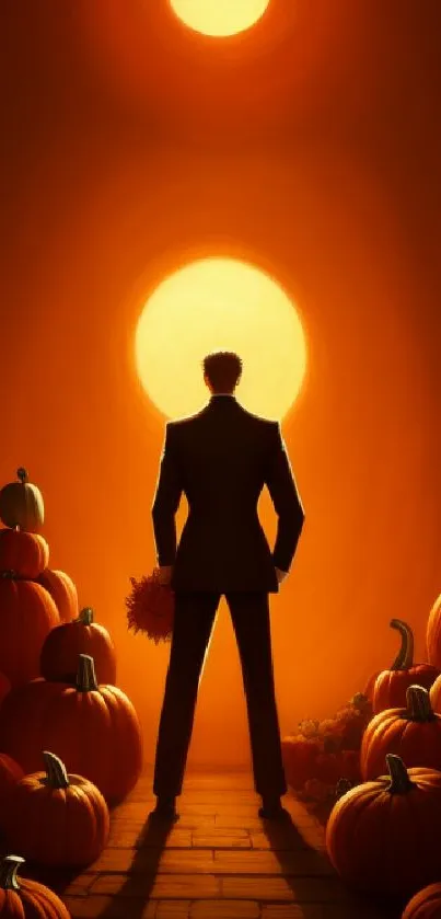 Silhouette with pumpkins in orange sunset backdrop.