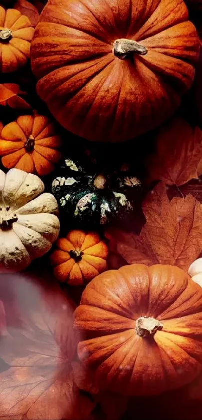 Colorful autumn pumpkins with fall leaves wallpaper for mobile.