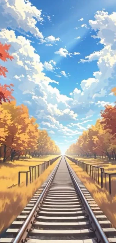 Scenic autumn railway under blue sky with colorful trees.