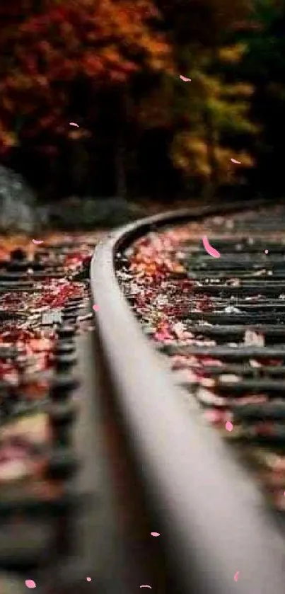 Serene railway track with autumn leaves and dark atmosphere