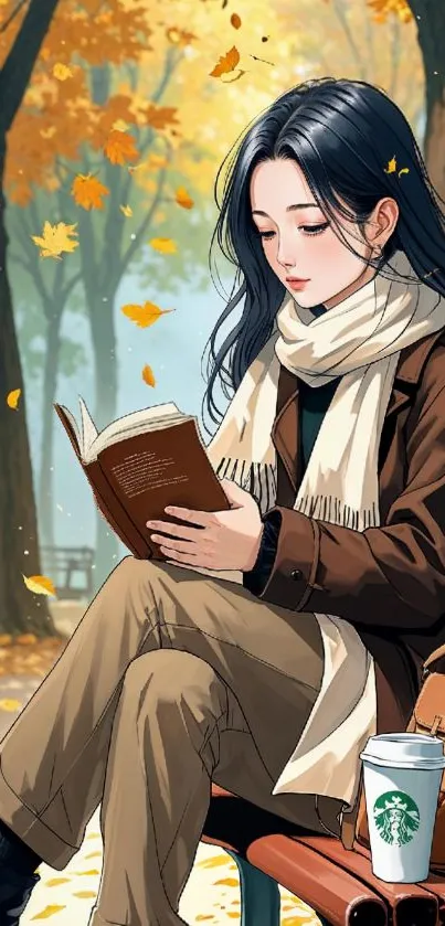 Anime girl reading on bench in autumn park with falling leaves.
