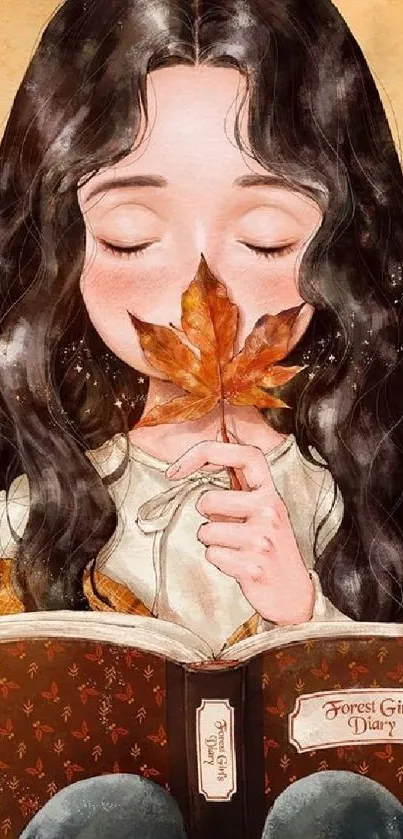 Whimsical girl reading with autumn leaf, set in warm golden tones.