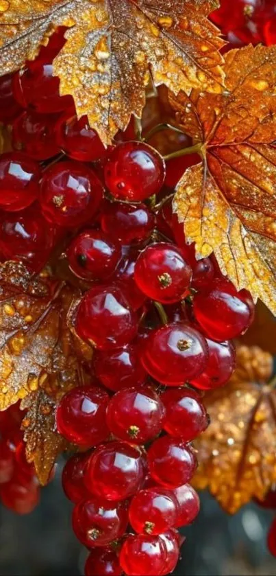 Vibrant red berries with autumn leaves.