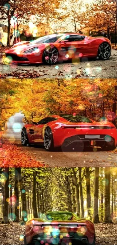 Red sports car driving through vibrant autumn forest scenery.