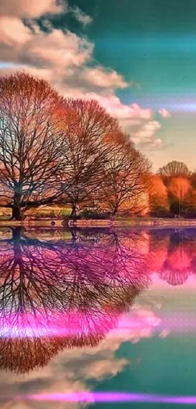 Autumn trees reflecting on a serene lake under a teal sky.