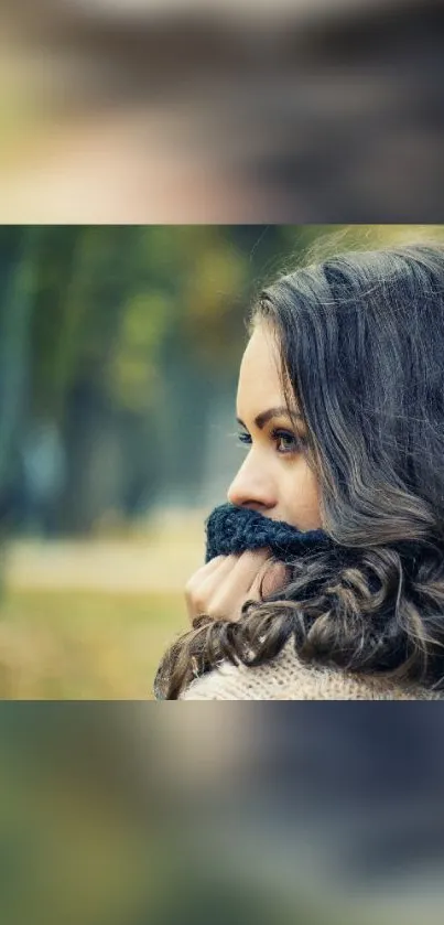 Reflective autumn portrait with serene forest background