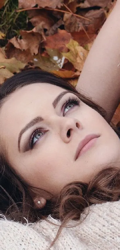 Portrait of a woman with autumn leaves background, serene reflection.