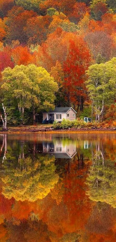 Autumn landscape with trees reflected on a calm lake and a house nestled in foliage.