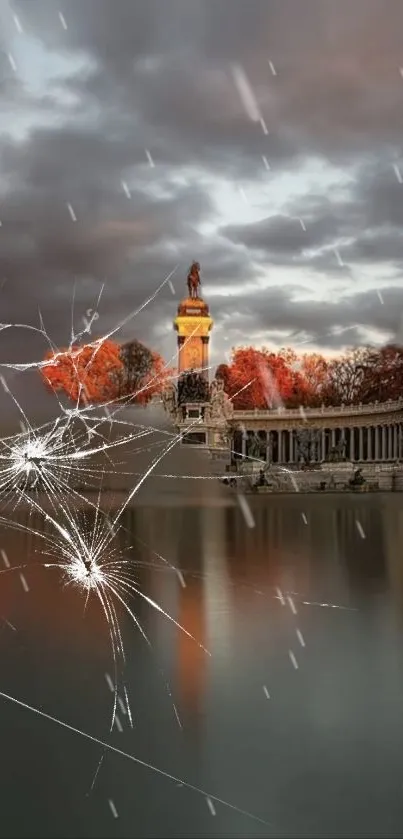 Autumn reflection with glass shatter effect in a serene landscape.