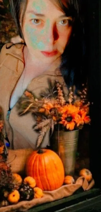 Autumn-themed window with pumpkins and floral arrangement.