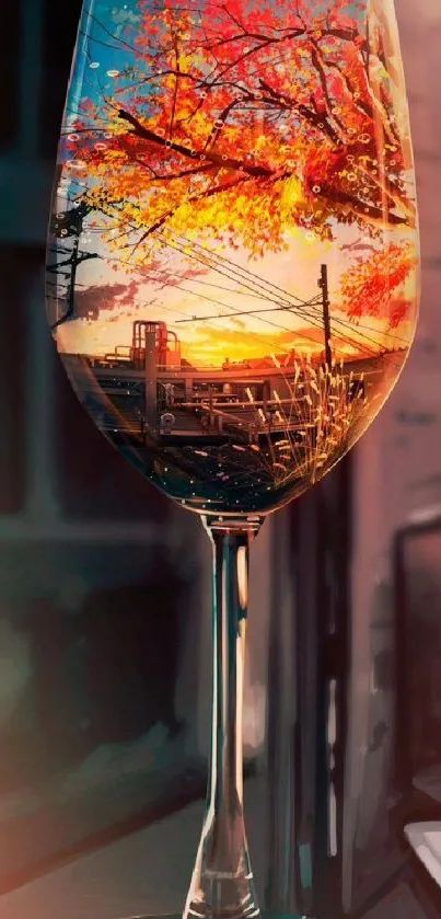 Autumn sunset reflected in a wine glass against a serene landscape.