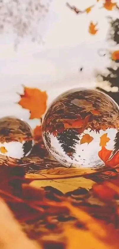 Autumn leaves with reflective glass spheres on the ground.