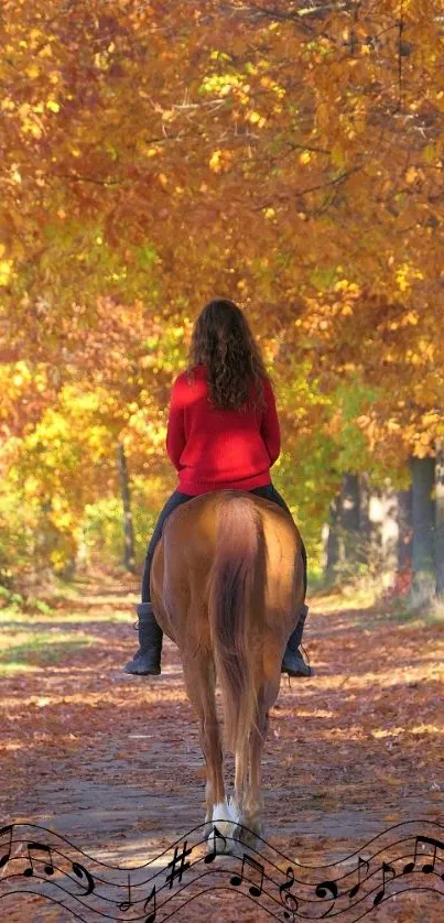 Person riding a horse on a leaf-covered forest trail with musical notes.