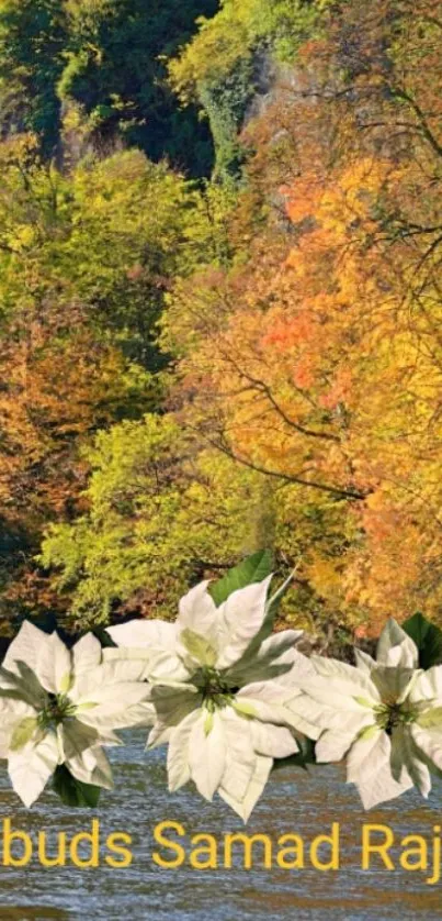 Autumn river with floral accents wallpaper, featuring vibrant leaves.