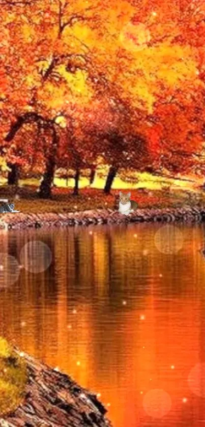 Autumn landscape with river and trees in vibrant oranges and browns.