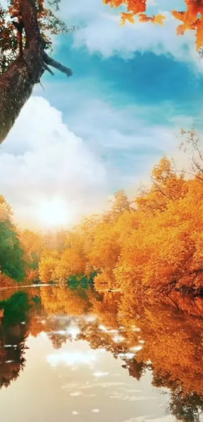 Vibrant autumn leaves reflect on a serene river under a blue sky.