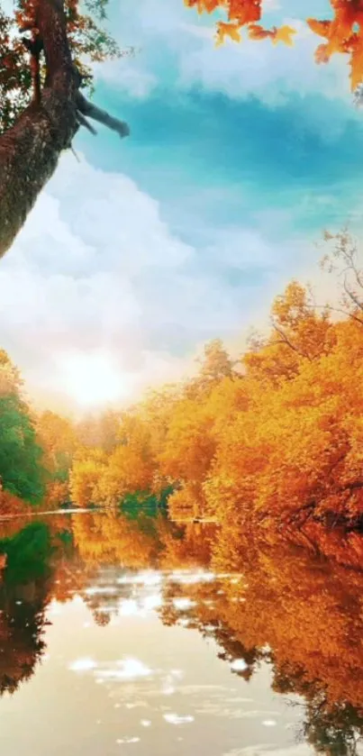 Serene river with autumn trees under a vibrant blue sky.