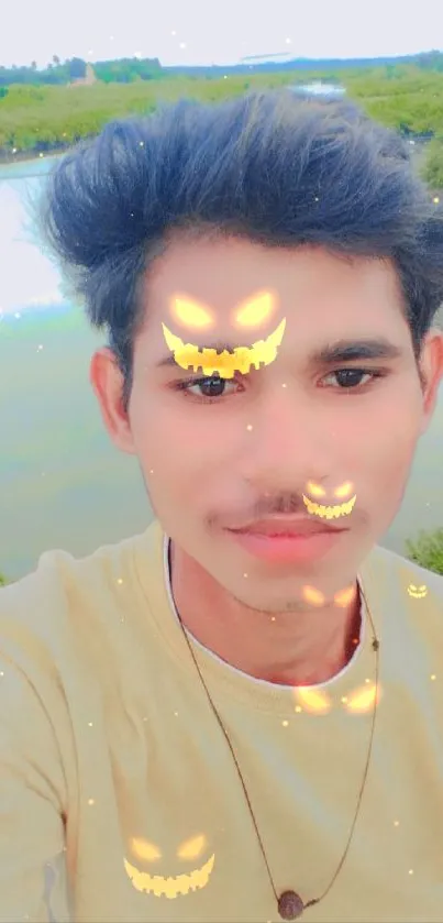 Young man with animated filter in nature