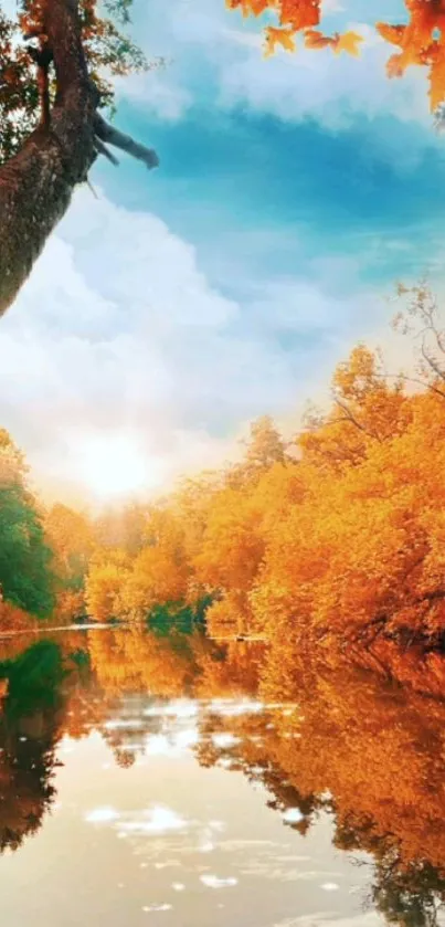 Tranquil autumn river scene with vibrant orange foliage reflecting in water.