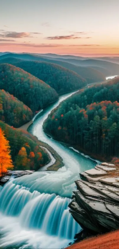 Autumn river valley with waterfall and vibrant fall foliage.