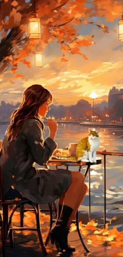 Autumn riverside cafe scene with sunset.